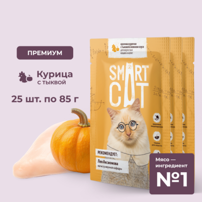 Консервы, паучи Smart Cat паучи "Упаковка 25 шт" Паучи для взрослых кошек и котят кусочки курочки с тыквой в нежном соусе. Влажный корм (25 шт)