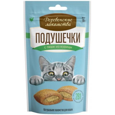 Лакомство для кошек ДЕРЕВЕНСКИЕ ЛАКОМСТВА Подушечки с пюре из курицы 30г