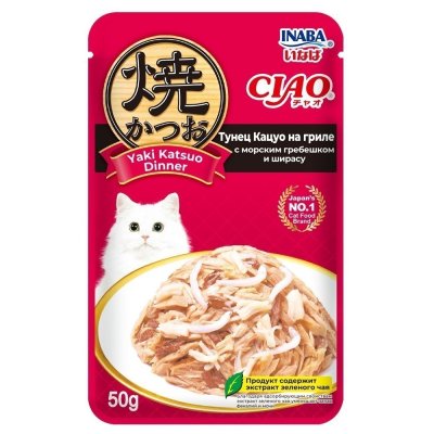 Корм для кошек INABA Ciao Yaki Katsuo Dinner Тунец Кацуо на гриле с морским гребешком и ширасу пауч 50г