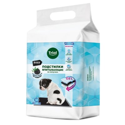 Пеленки впитывающие TRIOL серия Hygiene с угольным фильтром, на липучках, черные 60х90см, 12шт