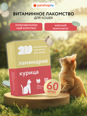 Витамины и добавки 2u Мультивитаминное лакомство для кошек для крепкого иммунитета с ламинарией, Immuno Cat, 60шт (60 таб.)