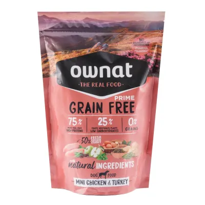 Ownat Prime Mini Сухой корм беззерновой для собак мелких пород, с курицей и индейкой, 400 гр.