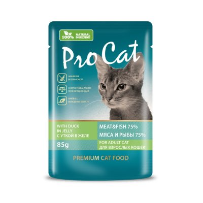 Корм для кошек Pro Cat для вывода шерсти, с уткой в желе пауч 85г