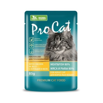 Корм для кошек Pro Cat для стерилизованных для здоровья кожи и шерсти, с курицей в желе пауч 85г