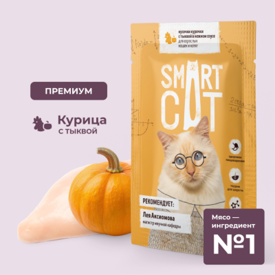 Консервы, паучи Smart Cat паучи Паучи для взрослых кошек и котят кусочки курочки с тыквой в нежном соусе. Влажный корм (85 г)