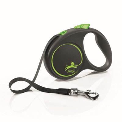 Flexi Рулетка для собак Black Design, S, до 15 кг, ремень 5 м, черно-зеленый