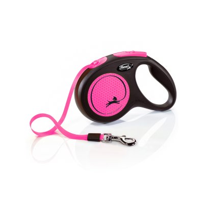 Рулетка для собак Flexi Neon New M (до 25кг) лента 5м, светоотражающая, розовый неон