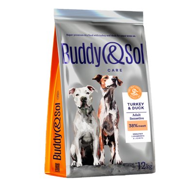 Buddy&Sol Care Сухой корм для взрослых собак средних и крупных пород с чувствительным пищеварением, с индейкой и уткой, 12 кг