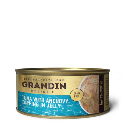 Grandin Влажный корм (консервы) для кошек, филе тунца с топпингом из анчоусов в желе, 80 гр.
