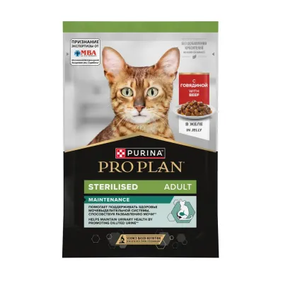 ProPlan Sterilised MAINTENANCE Влажный корм (пауч) для взрослых стерилизованных кошек, с говядиной в желе, 85 гр.