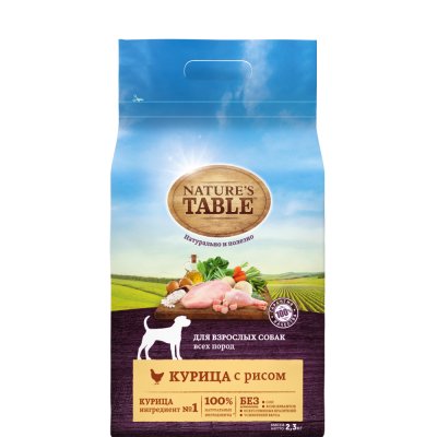 NATURE`S TABLE Сухой корм для собак всех пород, курица с рисом, 2,3 кг