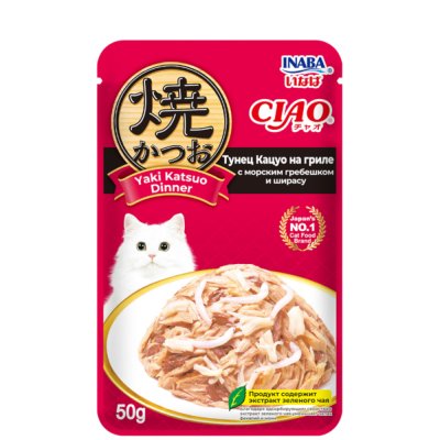 INABA CIAO Yaki Katsuo Dinner Влажный корм (пауч) для кошек, тунец кацуо на гриле с морским гребешком иширасу, 50 гр.