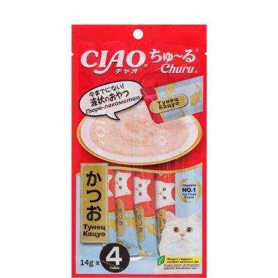 INABA CIAO Лакомство-пюре Churu Тунец кацуо для кошек, 4х14 гр.