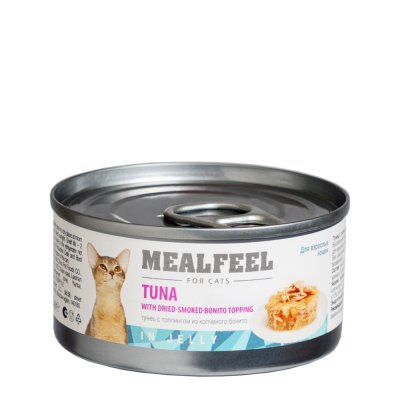 Mealfeel Влажный корм (консервы) для кошек, тунец с топпингом из копченого бонито в желе, 85 гр.