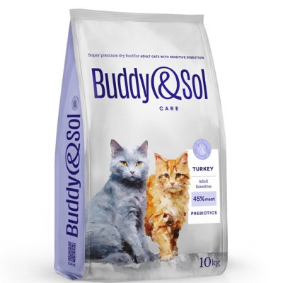 Buddy&Sol Care Сухой корм для взрослых кошек с чувствительным пищеварением, с индейкой, 10 кг