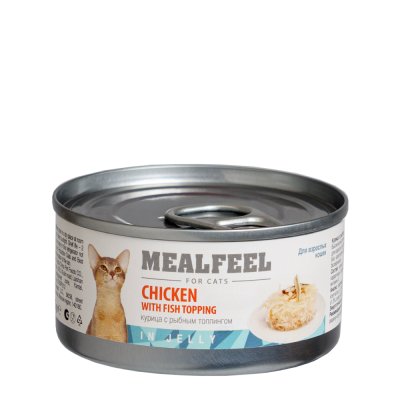 Mealfeel Влажный корм (консервы) для кошек, курица с рыбным топпингом в желе, 85 гр.