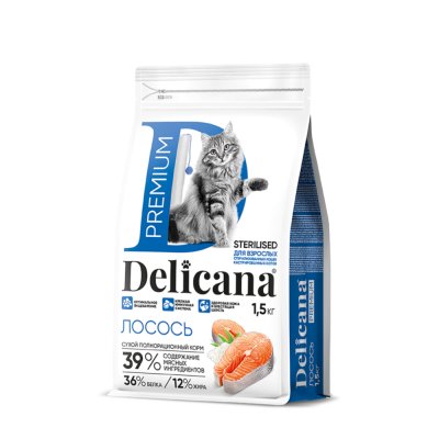 DELICANA Premium Сухой корм для стерилизованных кошек, с лососем, 1,5 кг