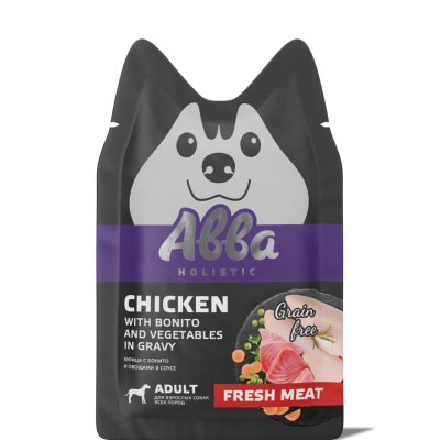 АВВА Влажный корм (пауч) для собак всех пород, с курицей, бонито и овощами в соусе, 100 гр.