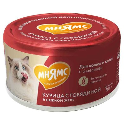 Корм для кошек и котят старше 6 мес. МНЯМС дополнительный, курица с говяд. в нежном желе банка 80г