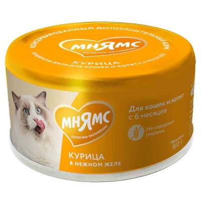 Корм для кошек и котят старше 6 мес. МНЯМС дополнительный, курица в нежном желе банка 80г