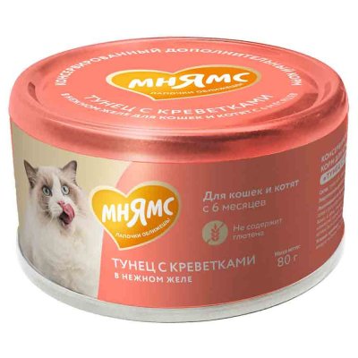 Корм для кошек и котят старше 6 мес. МНЯМС дополнительный, тунец с кревет. в нежном желе банка 80г