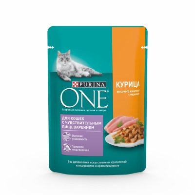 Консервы, паучи Purina ONE Паучи для кошек с чувствительным пищеварением, с курицей и морковью (1 шт)