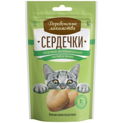Лакомство для кошек ДЕРЕВЕНСКИЕ ЛАКОМСТВА Сердечки здоровье мочевыводящих путей и почек 30г