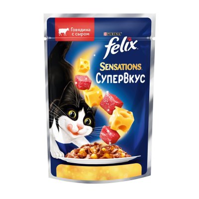 Корм для кошек FELIX Sensations Супервкус говядина, сыр в желе пауч 75г