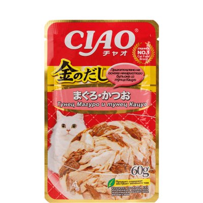 INABA CIAO Влажный корм (пауч) для кошек, тунец магуро и тунец кацуо, 60 гр.