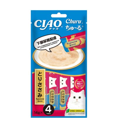 INABA CIAO Лакомство-пюре из куриного филе для поддержания мочеполовой системы кошек, 4х14 гр.