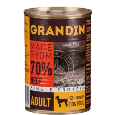 Grandin Adult Влажный корм (консервы) для взрослых собак всех пород, с говядиной и льняным маслом, 400 гр.