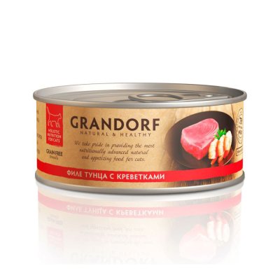 Корм для кошек GRANDORF Филе тунца с креветками банка 70г