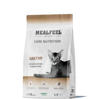 Mealfeel Gastro Сухой корм для поддержания здоровья пищеварительной системы кошек, с индейкой, 1,5 кг