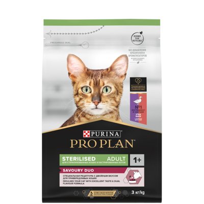 ProPlan Sterilised Savoury Duo Сухой корм для взрослых стерилизованных кошек и кастрированных котов привередливых в еде, с уткой и с печенью, 3 кг