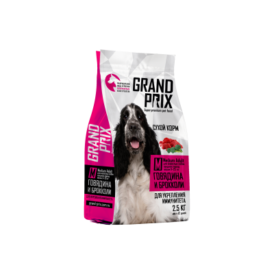 Grand Prix Medium Adult Сухой корм беззерновой для укрепления иммунитета взрослых собак средних пород, с говядиной и брокколи, 2,5 кг