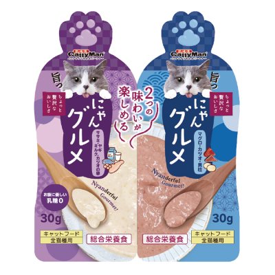 CATTYMAN Влажный корм (пауч) для кошек и котят, тунцовое пюре в нежном соусе с гребешком, мясное пюре с козьим молоком и икрой тунца, 30 гр.x2 шт.