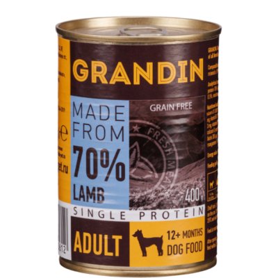Grandin Adult Влажный корм (консервы) для взрослых собак всех пород, с ягненком и льняным маслом, 400 гр.