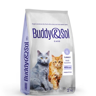 Buddy&Sol Care Сухой корм для взрослых кошек с чувствительным пищеварением, с индейкой, 2 кг