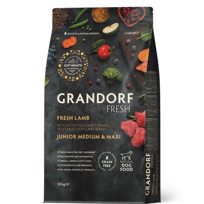Grandorf Fresh junior Сухой корм с живыми пробиотиками для щенков средних и крупных пород, с ягненком и бататом, 10 кг