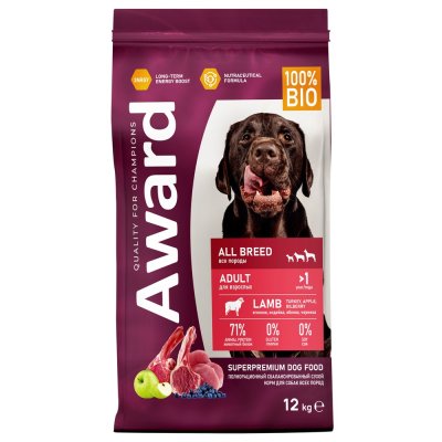 Корм для собак AWARD ягненок с индейкой с добавлением яблока и черники сух. 12кг
