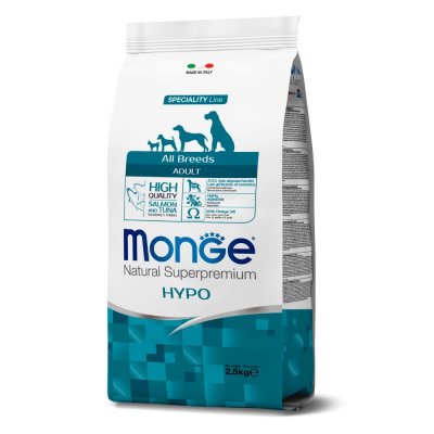 Monge All Breeds Hypoallergenic Сухой корм для взрослых собак, склонных к аллергическим реакциям и расстройствам пищеварения, с лососем и тунцом, 2,5 кг