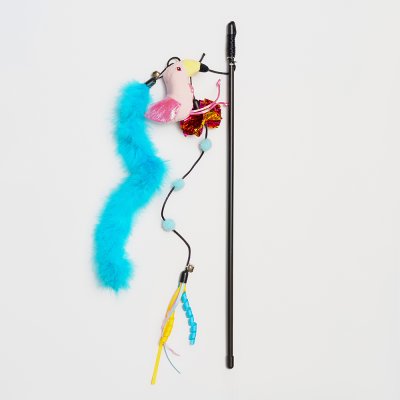 RURRI Игрушка для кошек Дразнилка Фламинго, две игрушки 9х3х9 см, две игрушки длиной 32 и 40 см, длина палки 47 см