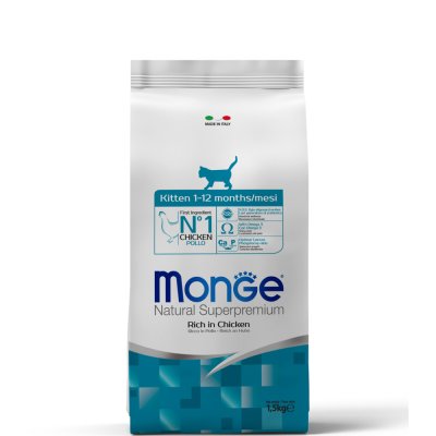 Monge Kitten корм для здорового роста котят в возрасте от 1 до 12 месяцев, беременных и кормящих кошек, с курицей, 1,5 кг