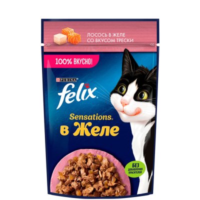 Felix Sensations Влажный корм (пауч) для взрослых кошек, с лососем в желе с добавлением трески, 75 гр.
