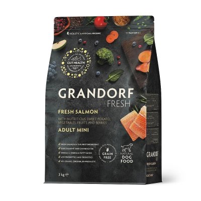 Беззерновой корм с живыми пробиотиками для собак GRANDORF FRESH Dog Mini свежее филе лосося с бататом для мелких пород сух. 3кг