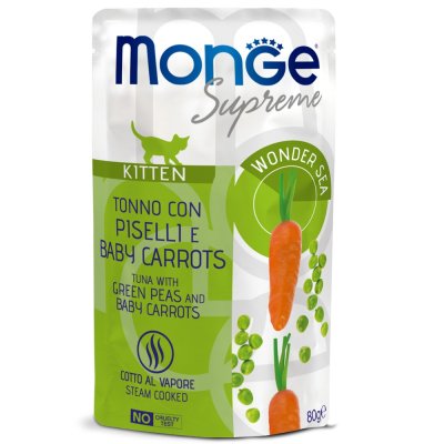 Корм для котят Monge Supreme Pouch тунец с зелёным горошком и мини-морковью пауч 80г