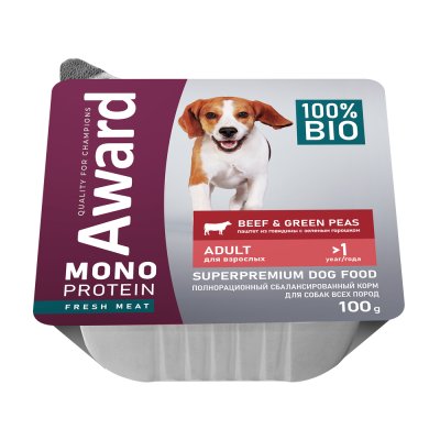 Корм для собак AWARD Monoprotein паштет из говядины с зеленым горошком ламист. 100г