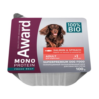 Корм для собак AWARD Monoprotein паштет из лосося со шпинатом ламист. 100г