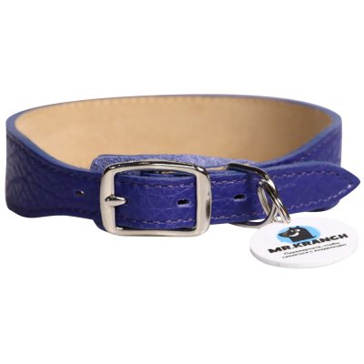 Ошейник для собак Mr.Kranch из натуральной кожи с QR-адресником, синий 38-45см
