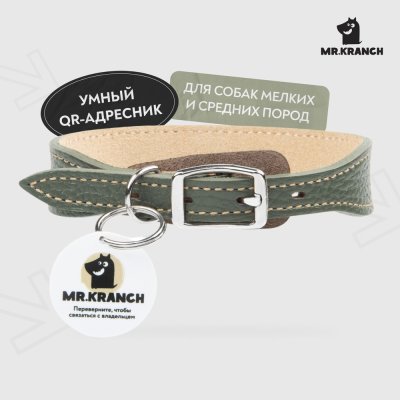 Ошейник для собак Mr.Kranch из натуральной кожи с QR-адресником, оливковый 22-26см